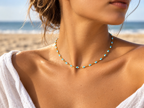 image fonctionnelle Collier "chaine soleil" en acier inoxydable plaqué or