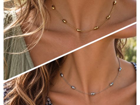 image fonctionnelle Collier simple en acier inoxydable plaqué or "chaine grain de riz"