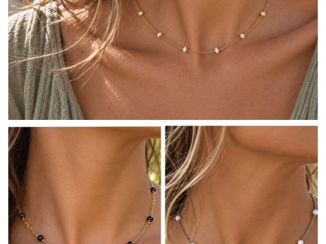 image fonctionnelle Collier simple en acier inoxydable plaqué or "chaine perles émaillées"