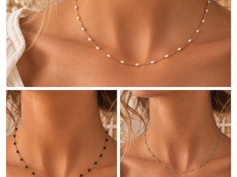 image fonctionnelle Collier simple en acier inoxydable plaqué or "chaine perles émaillées"