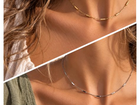 image fonctionnelle Collier simple en acier inoxydable plaqué or "chaine perles tubes"