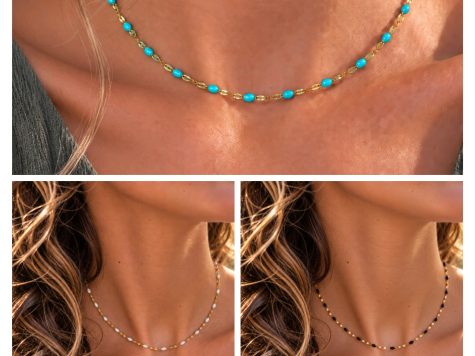 image fonctionnelle Collier simple en acier inoxydable plaqué or "chaine losange perles émaillées"