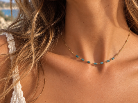 image fonctionnelle Collier simple en acier inoxydable doré "chaine perles de verre"